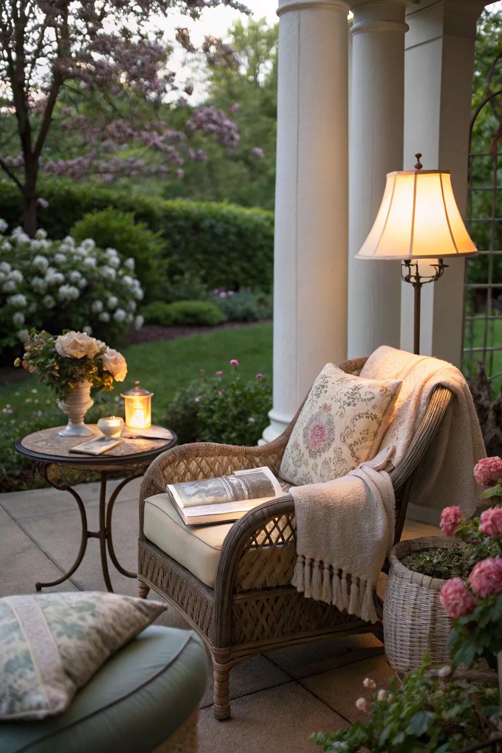 An outdoor reading nook offers a peaceful retreat for book lovers.