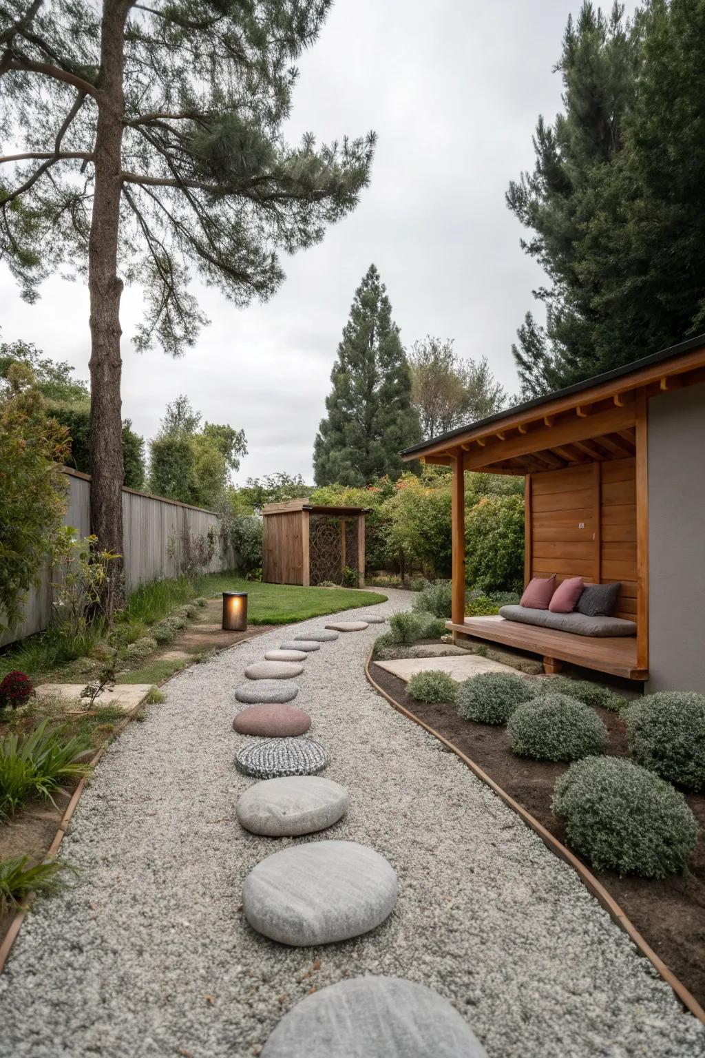 Gravel paths encourage mindful steps.