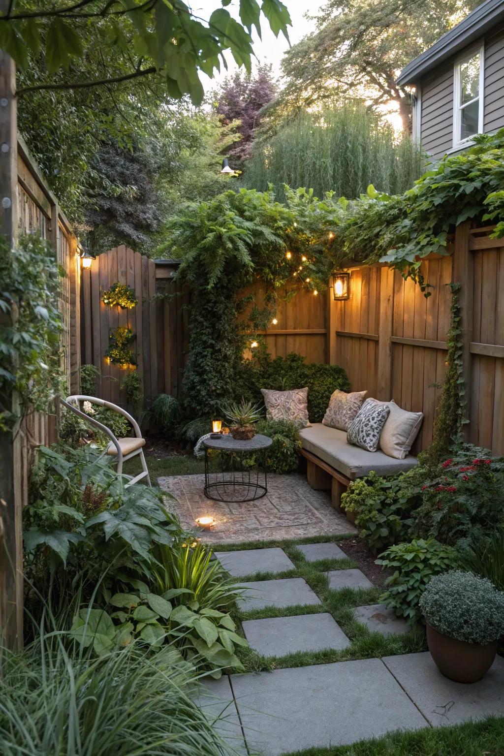 A secret garden nook provides a personal retreat.