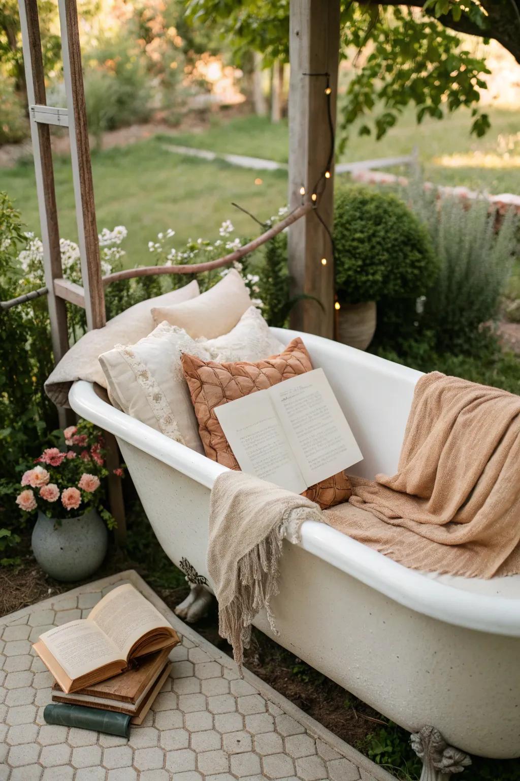A cozy reading nook using a vintage bathtub.