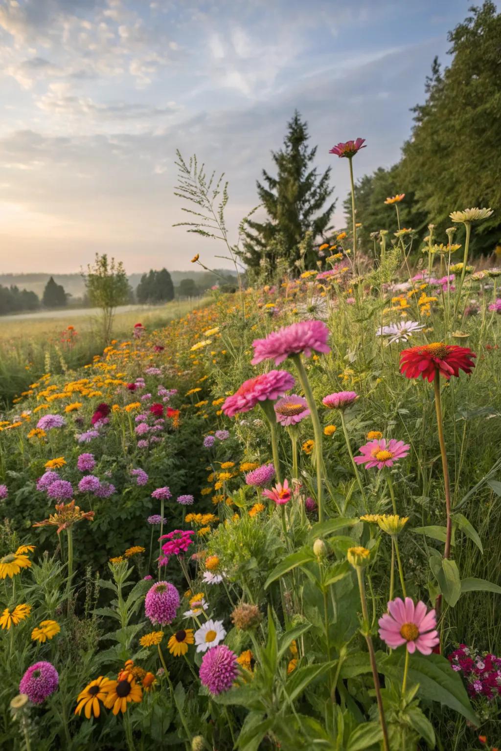 A wildflower garden brings vibrant color and supports local wildlife.