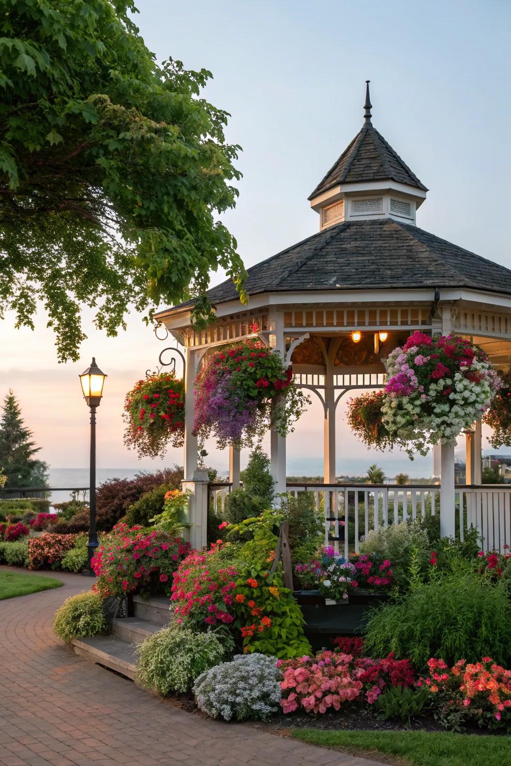 A lively gazebo adorned with hanging plants.