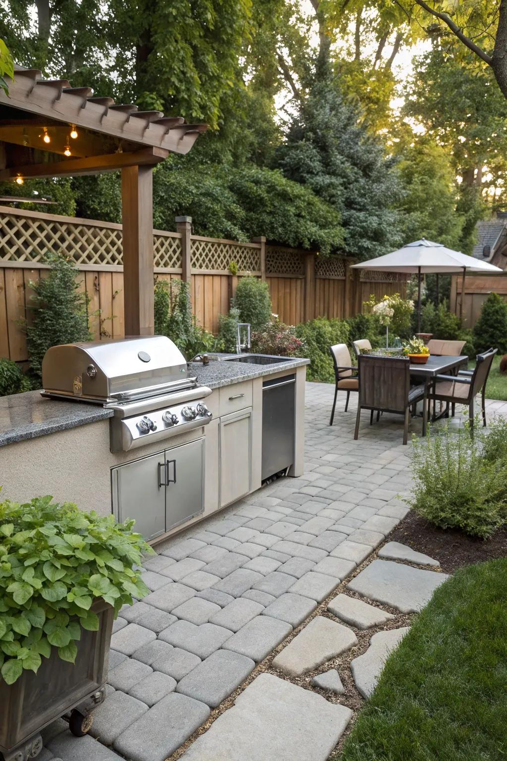 An integrated outdoor kitchen on a paver patio