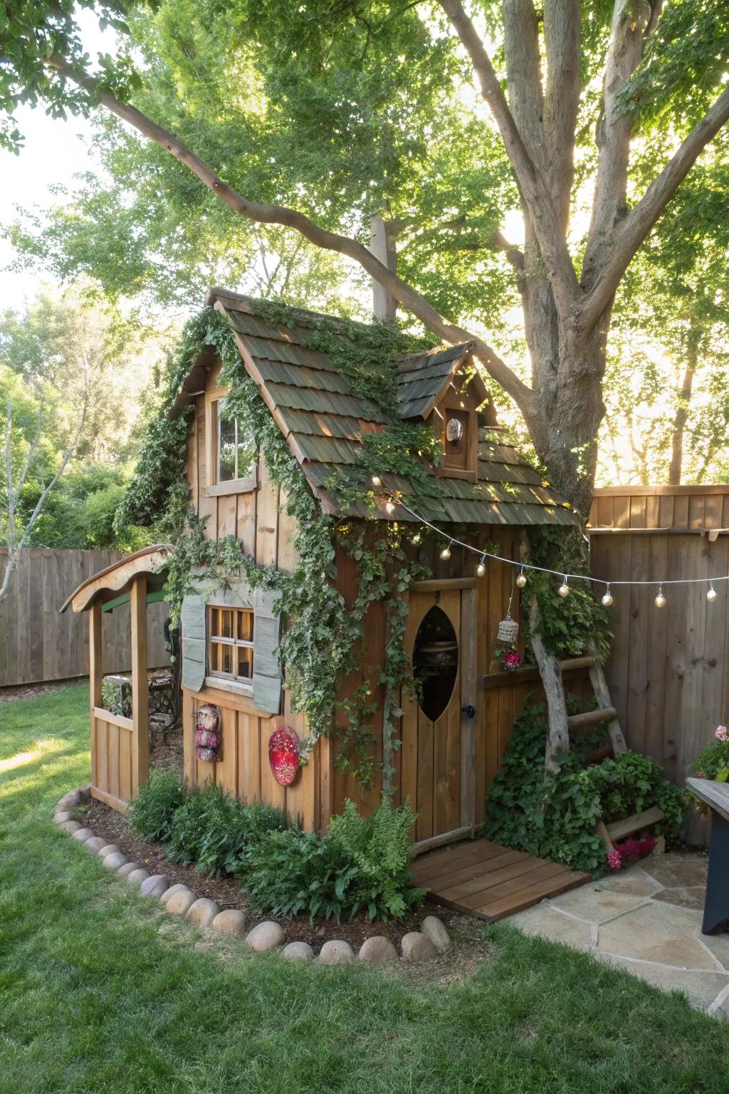 A mystical forest den playhouse creates an enchanting atmosphere.