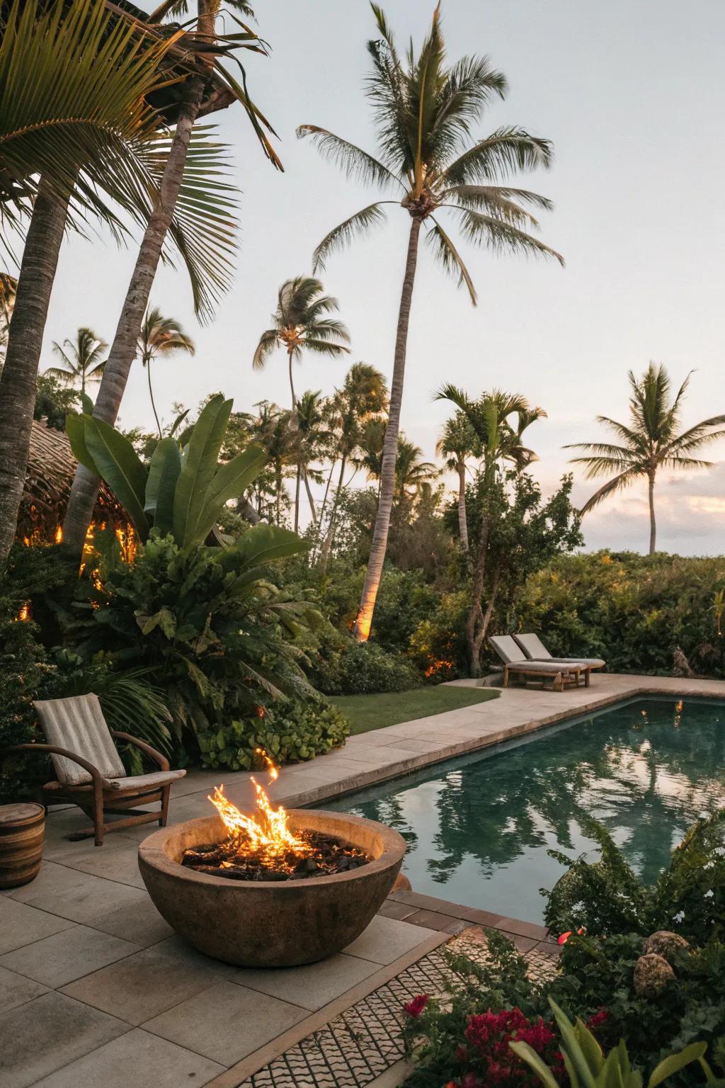 A tropical fire pit paradise offers a vacation-like escape at home.
