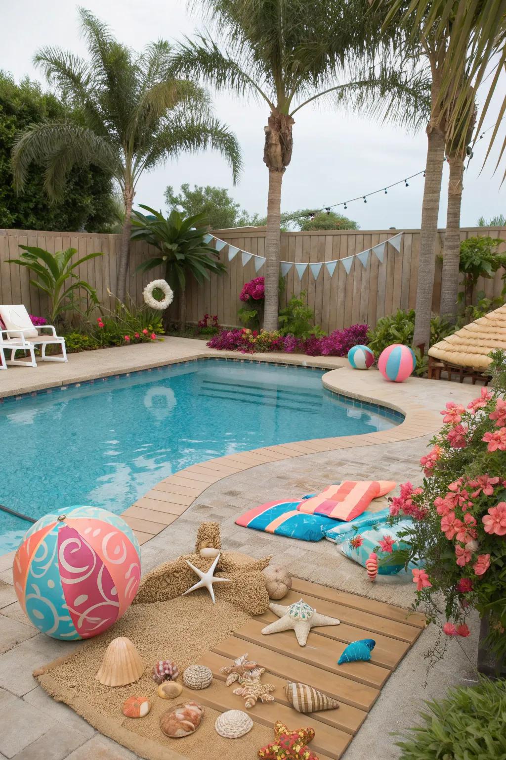 A coastal retreat by the pool with beach-inspired decor.