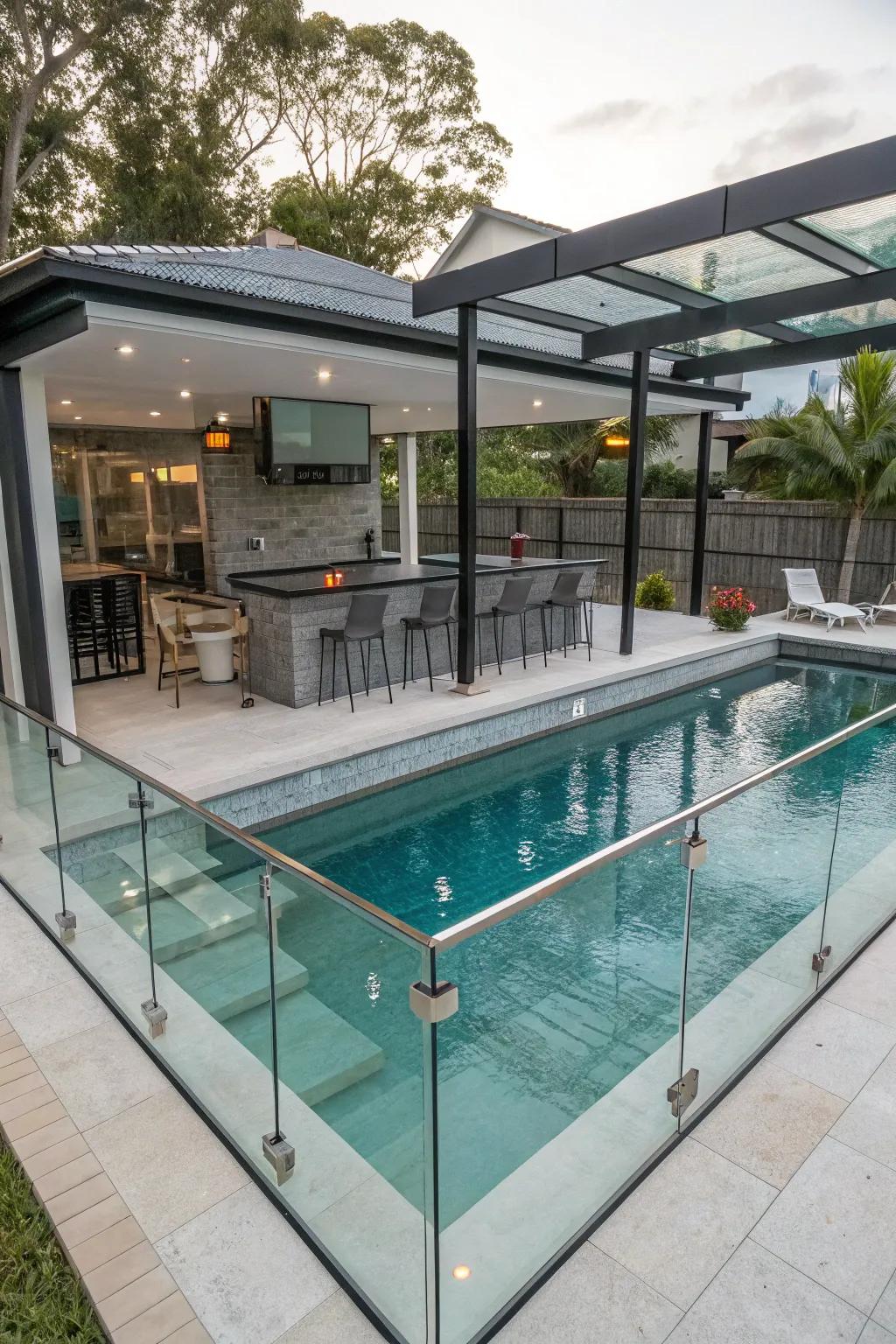 Glass railings provide an open and airy feel to your swim-up bar.