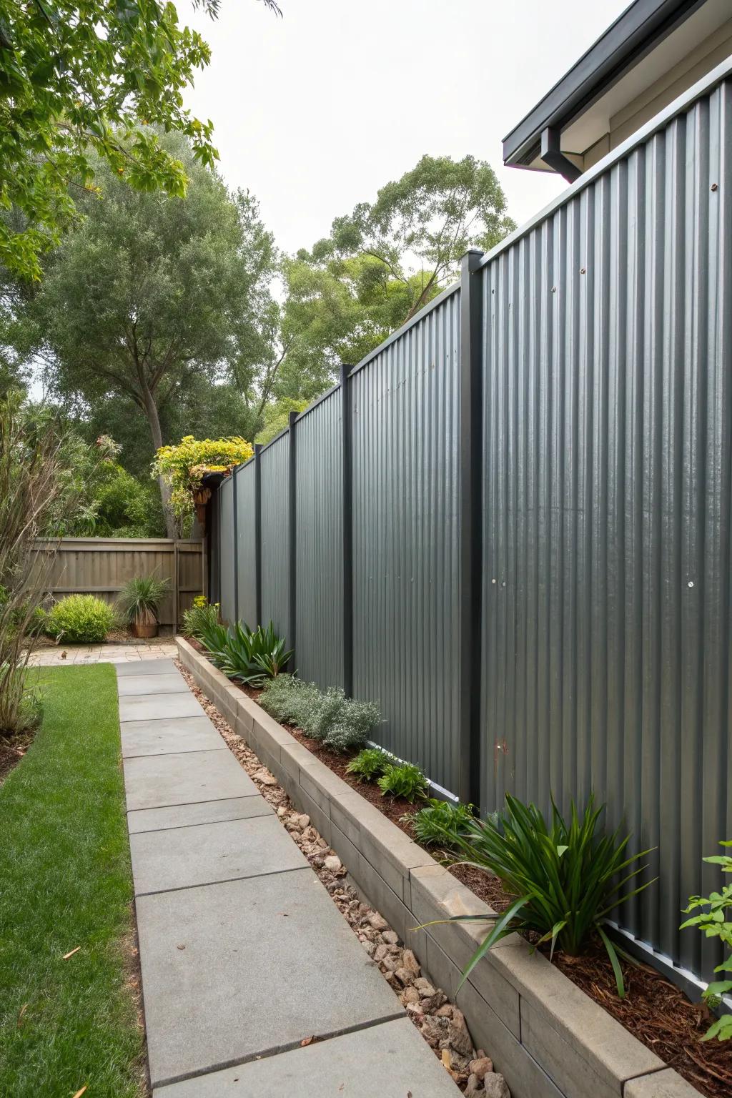 Corrugated metal walls provide a durable and minimalist privacy solution.