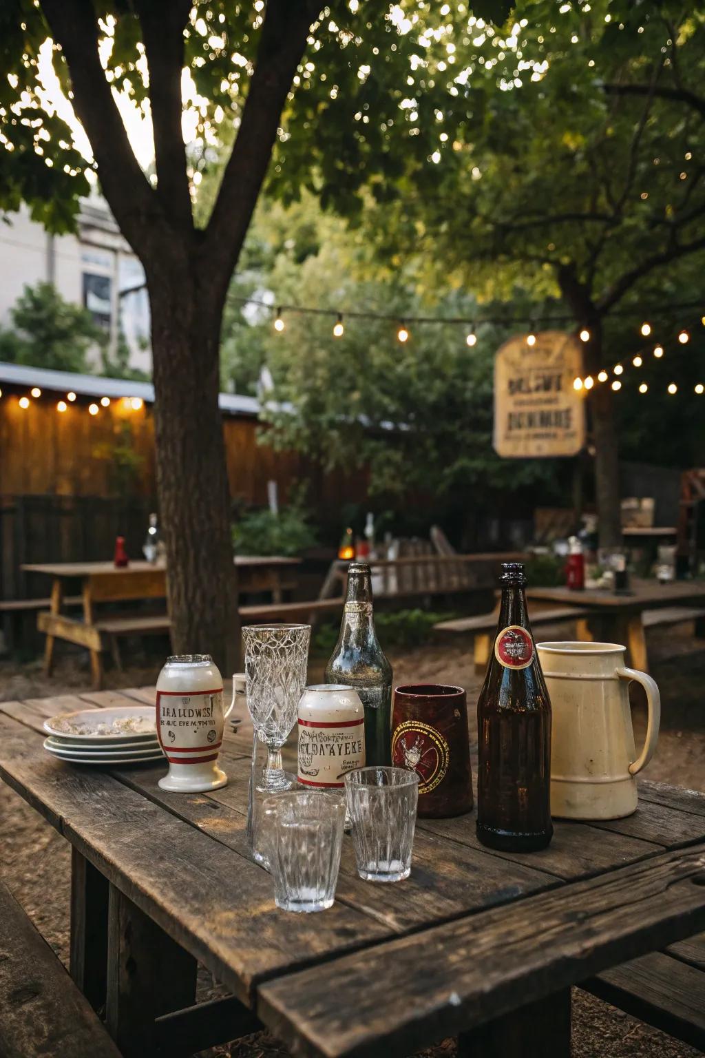 Vintage glassware adds elegance to your backyard pub.