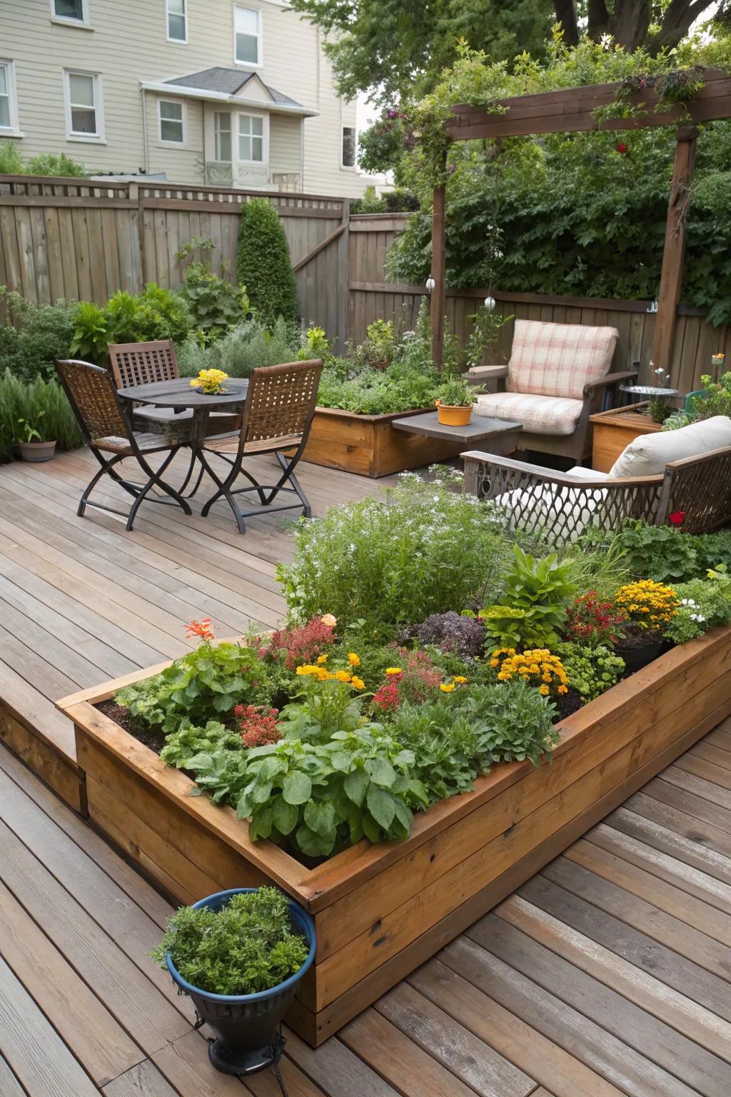 Floating deck gardens create a cozy and accessible planting area.