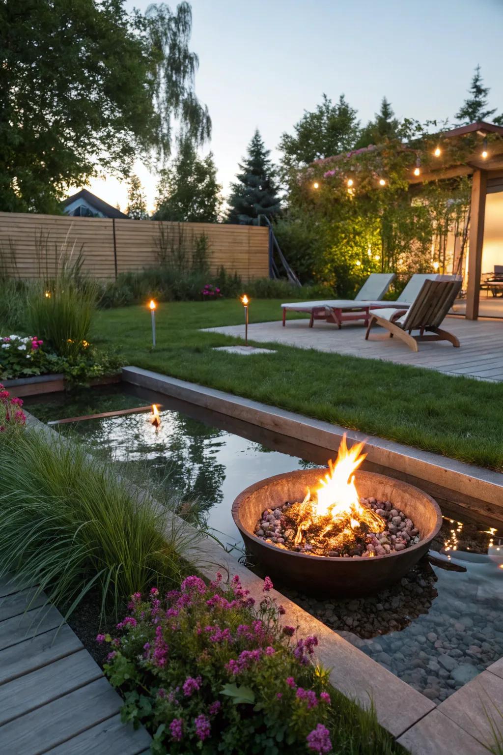A floating fire pit creates a dramatic and unique focal point.