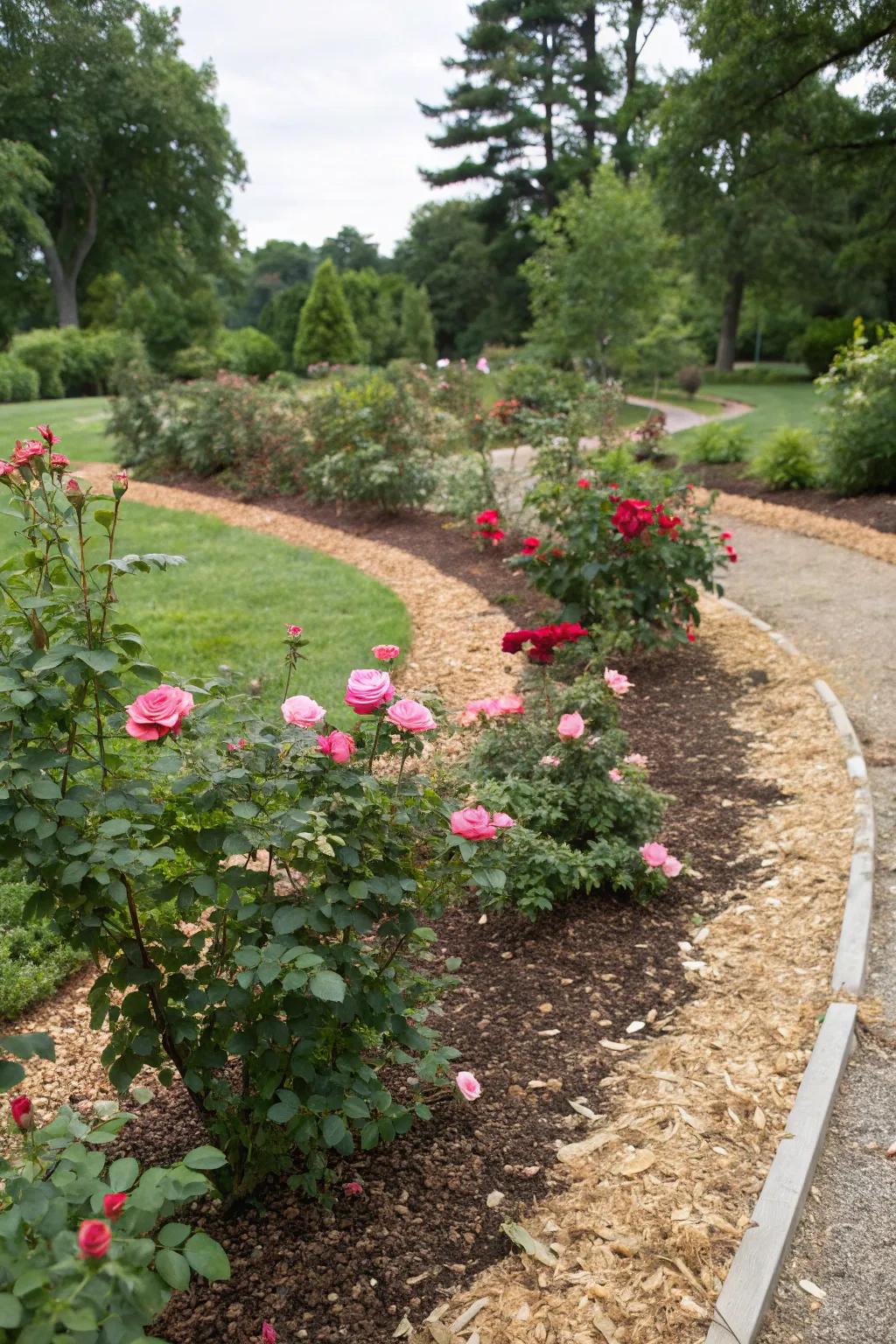 Eco-friendly mulch keeps roses thriving by conserving moisture and reducing weeds.