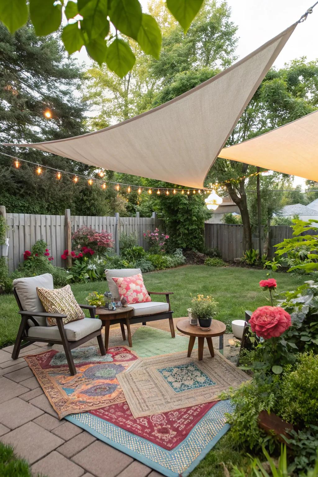 Sail shades paired with outdoor rugs defining a comfortable backyard space.