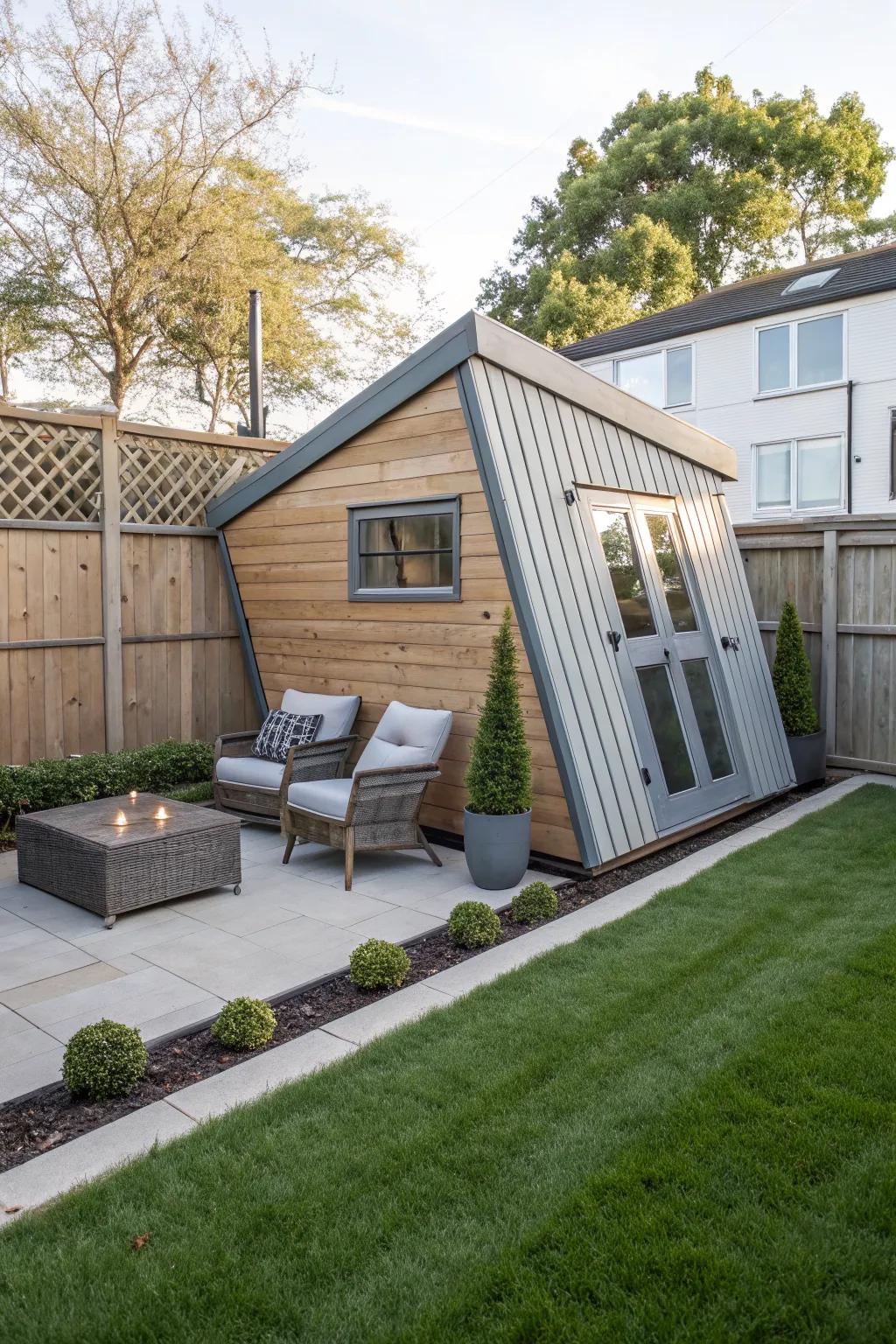 A contemporary shed placed at an angle for a dynamic garden view.