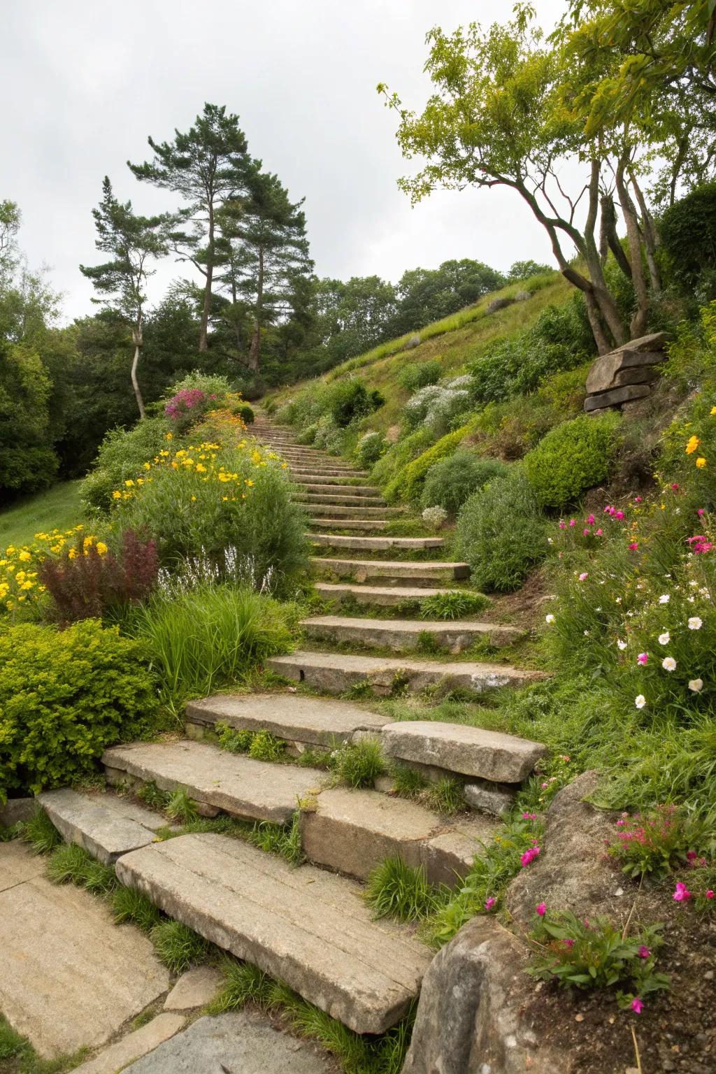 Natural stone steps add elegance and functionality to sloped gardens.