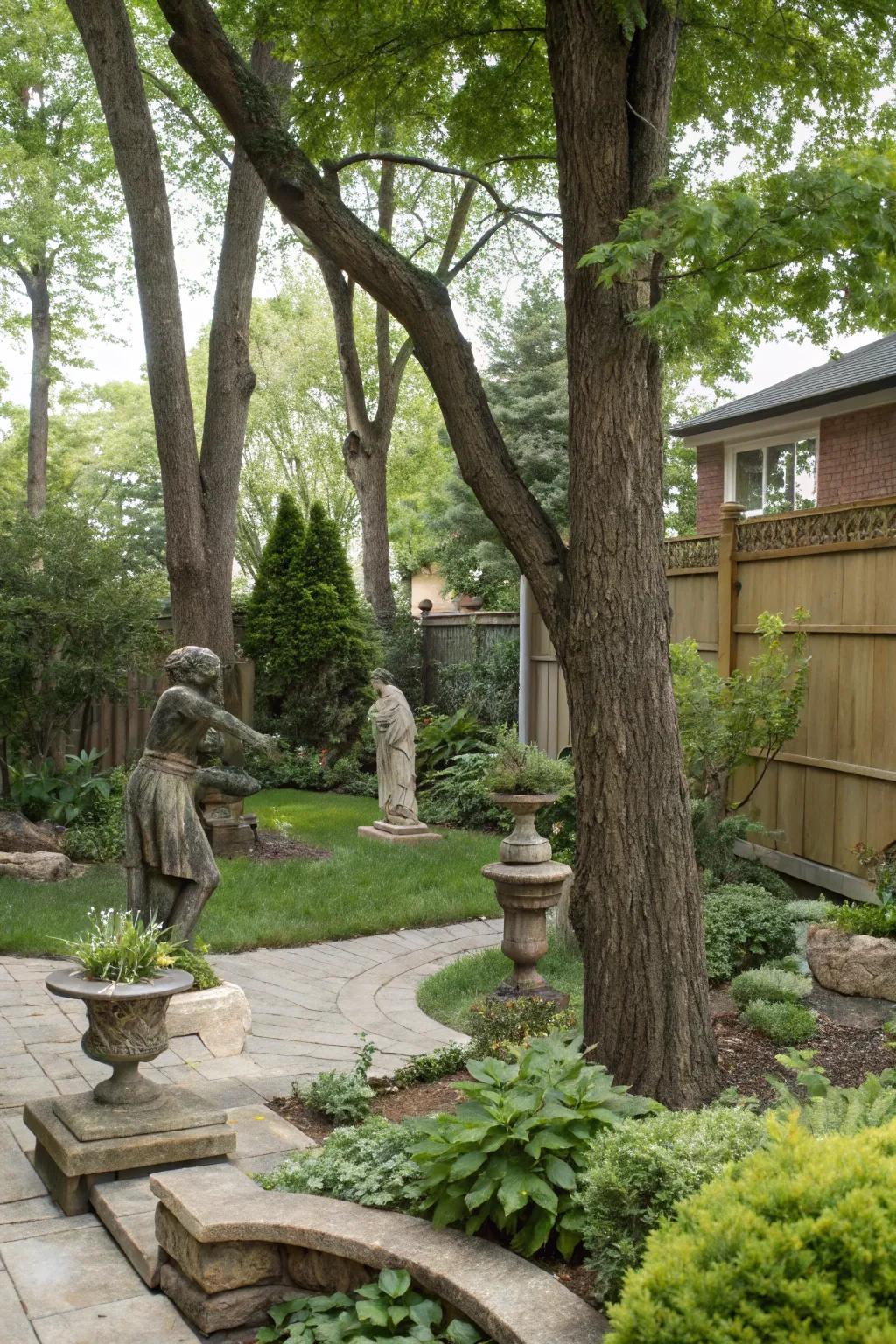 Trees and art create a dynamic garden landscape.