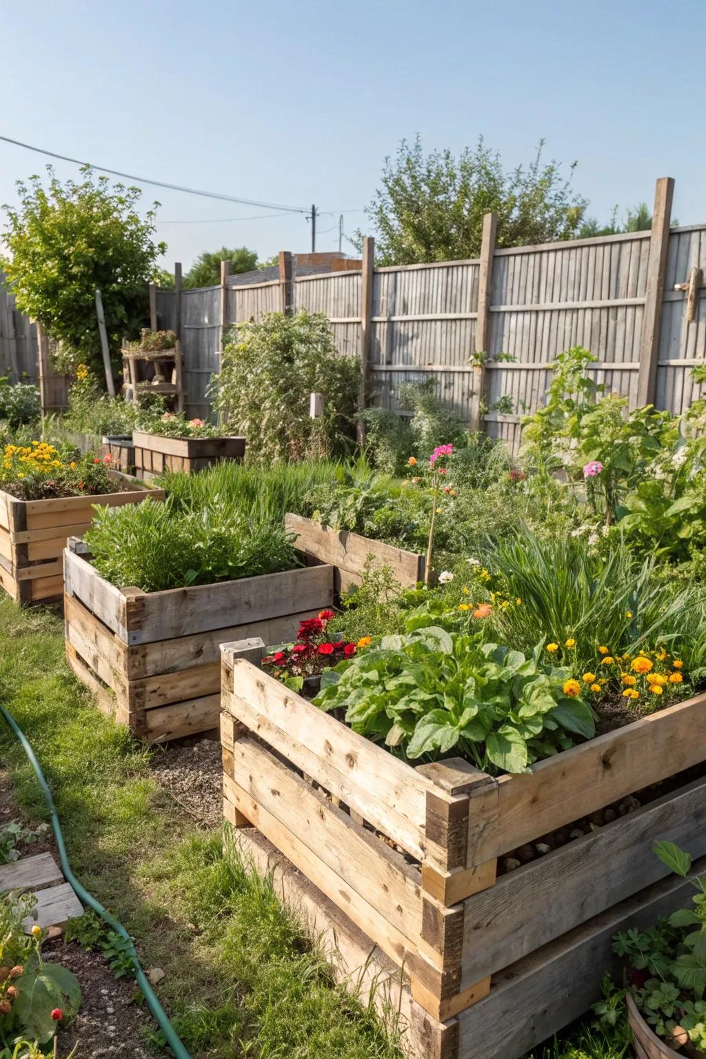 Recycled materials repurposed as inventive planters in the garden.