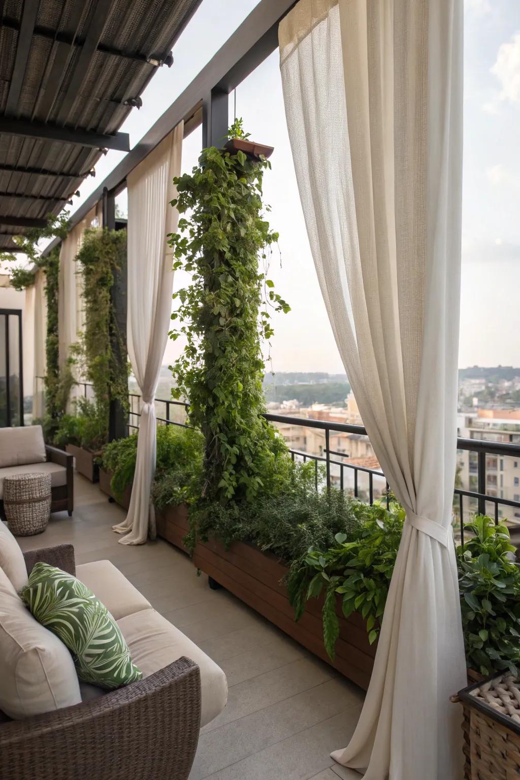Curtains with integrated planters create a lush, green oasis on your balcony.