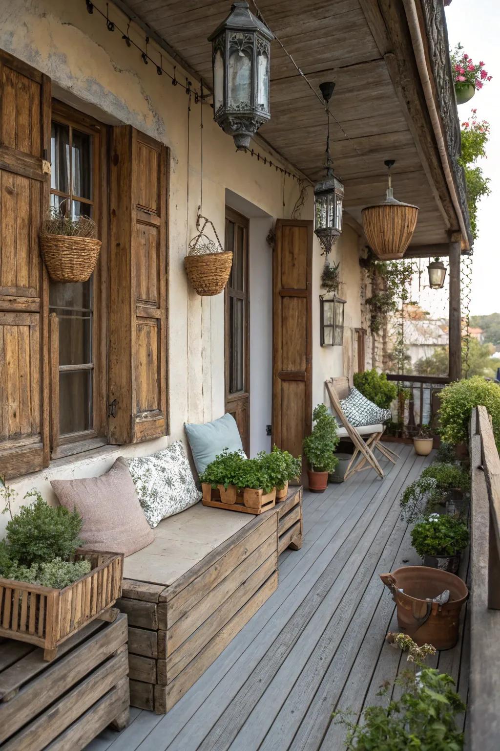 Balcony with weathered wood panels for rustic charm.
