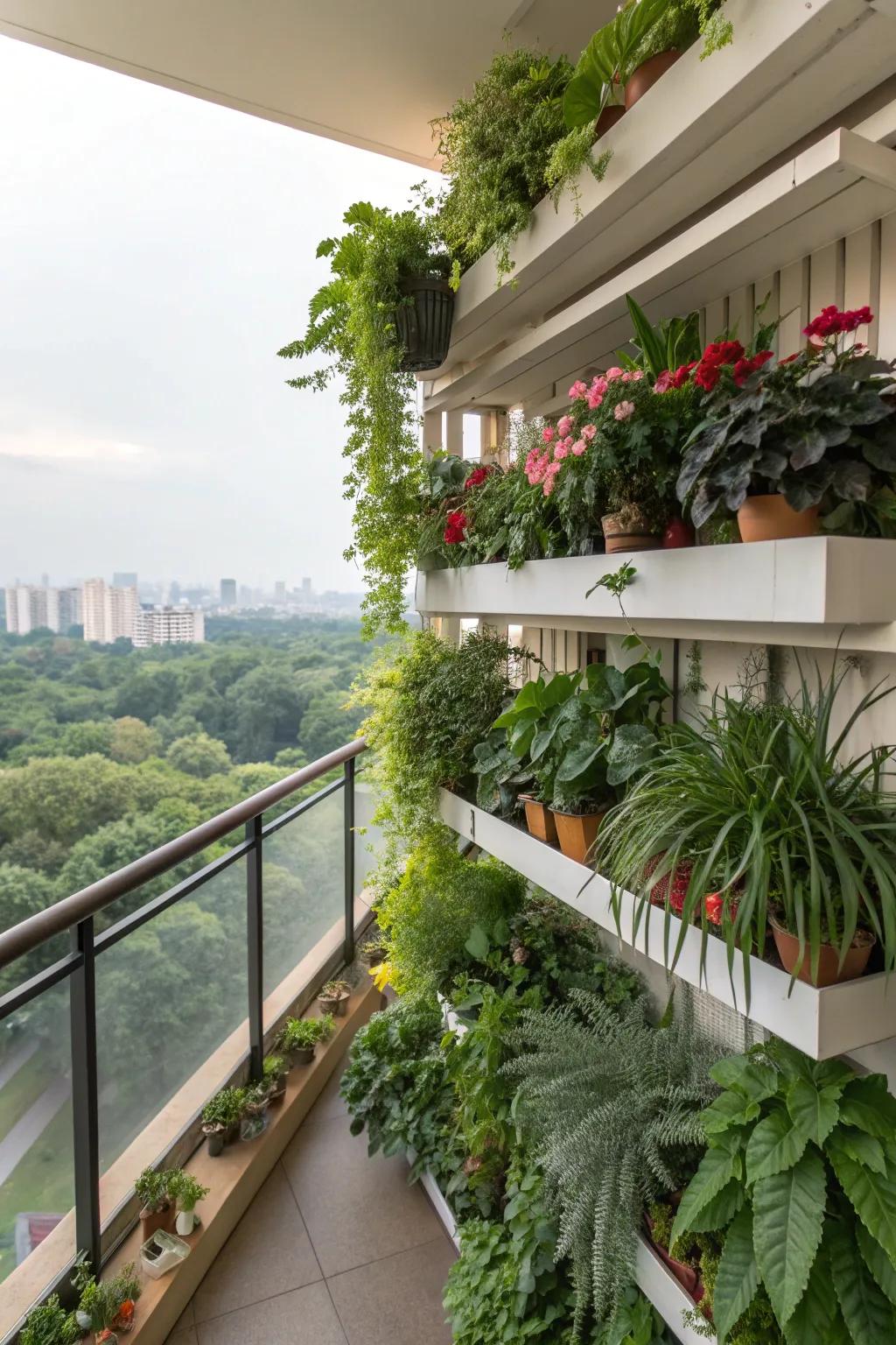 Plant shelves maximize vertical space and add a natural privacy layer.