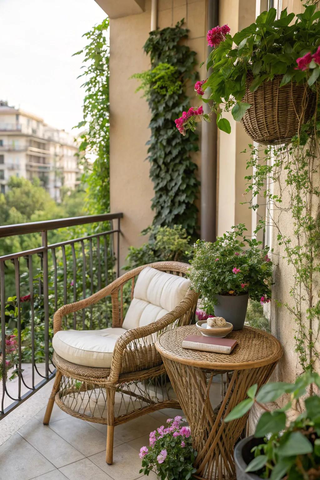 Rattan furniture creates a tropical balcony ambiance.