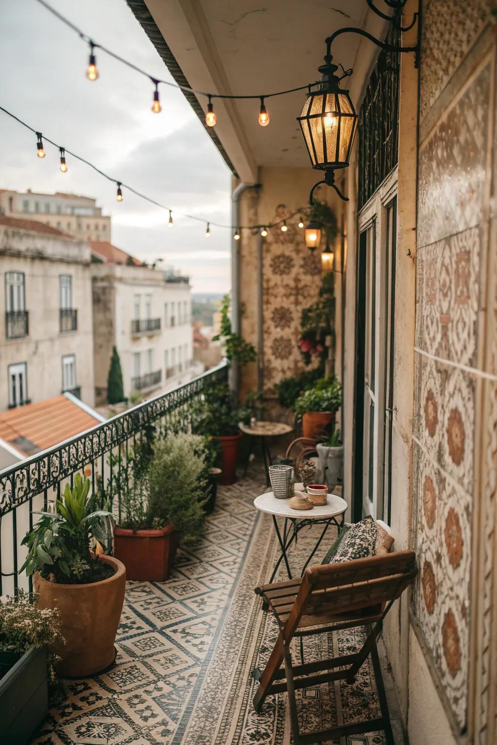 Antique tiles add a timeless and vintage charm to your balcony.