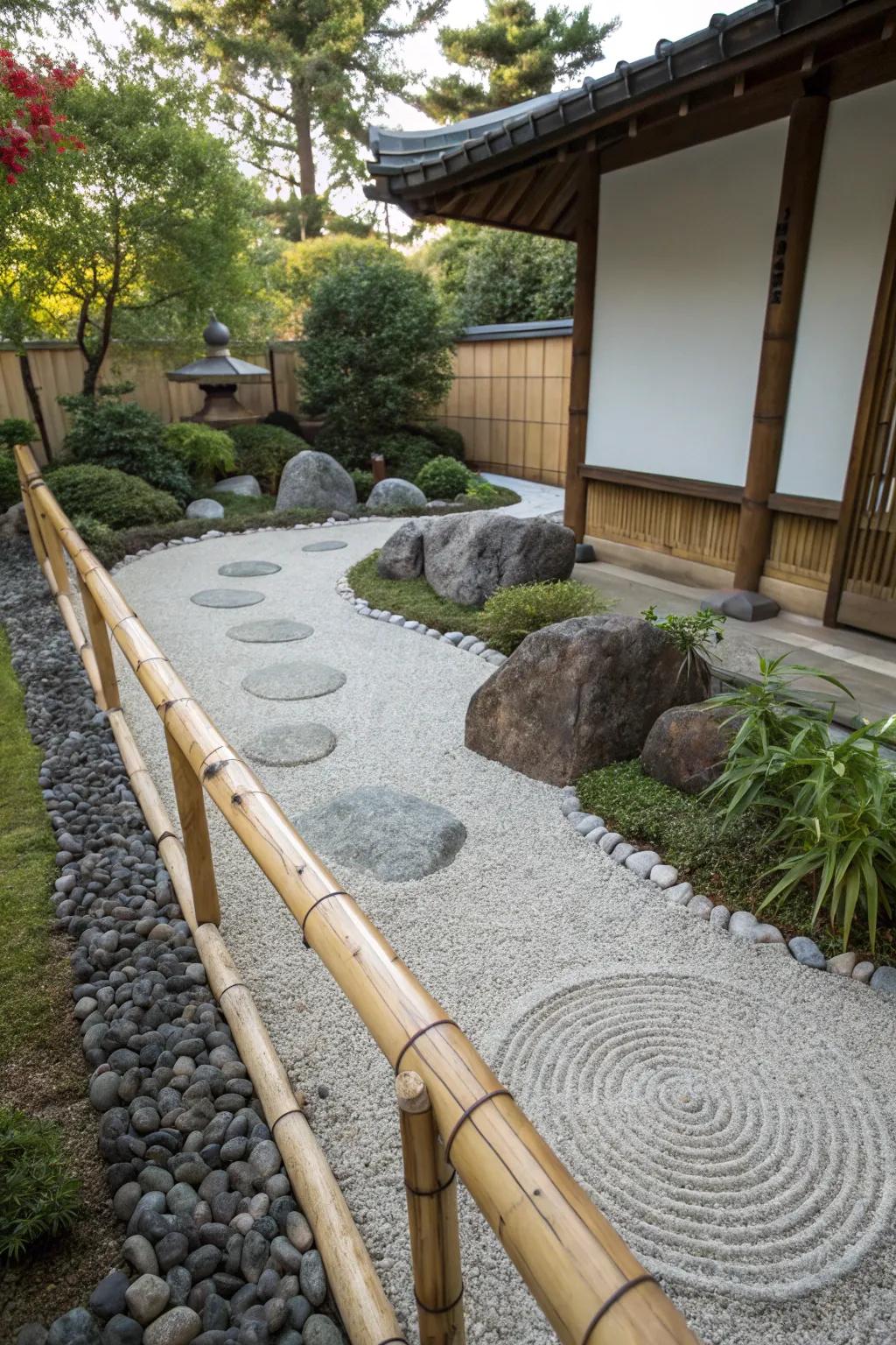 Peaceful bamboo edging in a Zen garden.