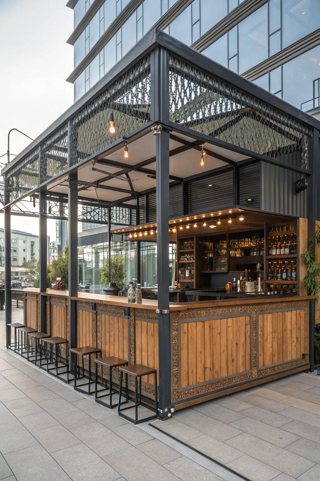 An industrial chic gazebo bar with urban flair.