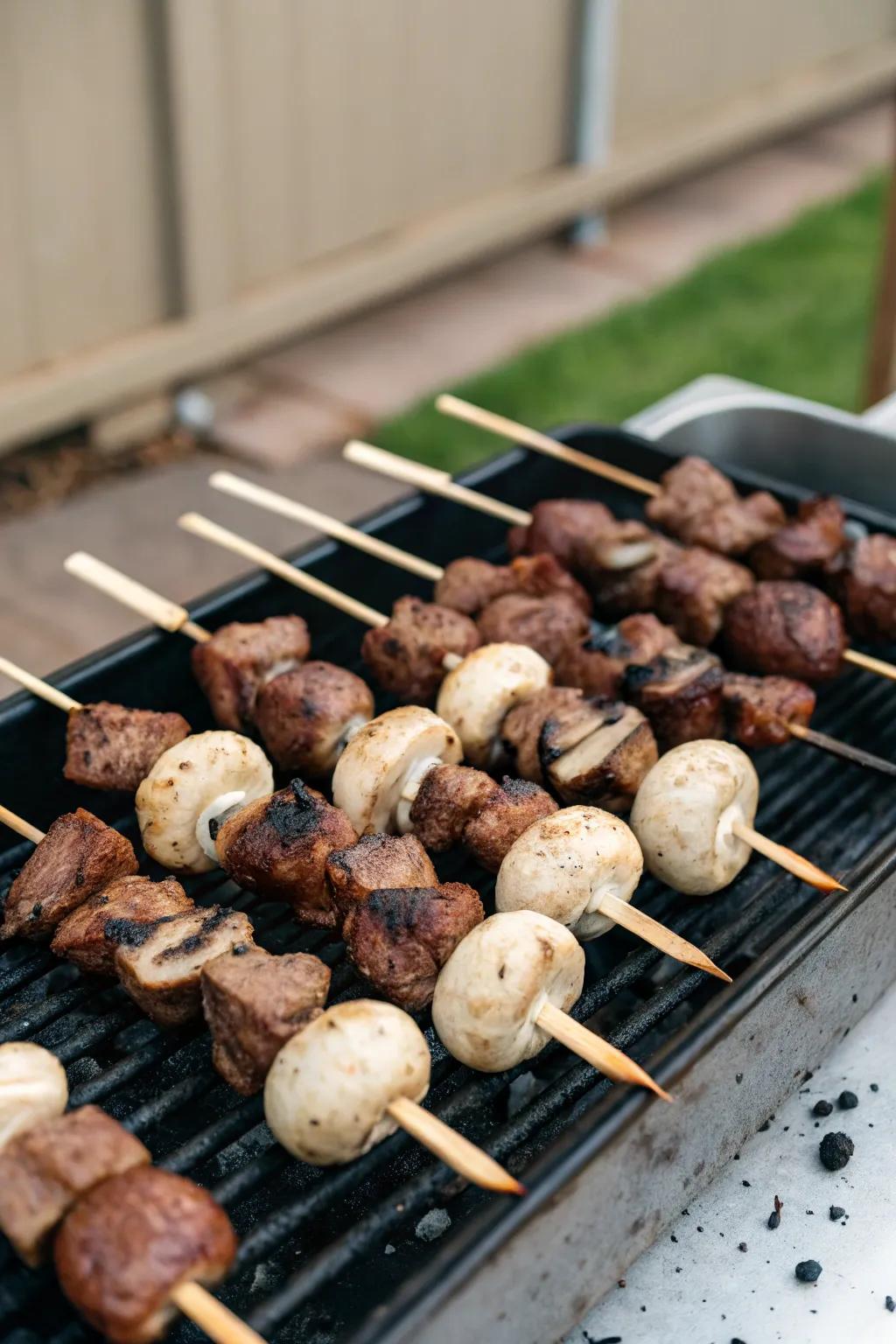 Beef and mushroom skewers, a hearty and flavorful addition to your barbecue.