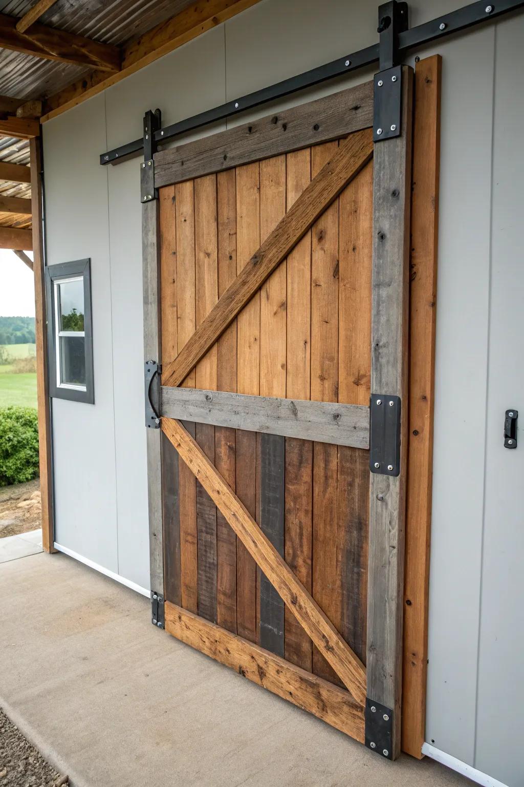 Mixing materials like wood and metal offers a distinctive barn door design.
