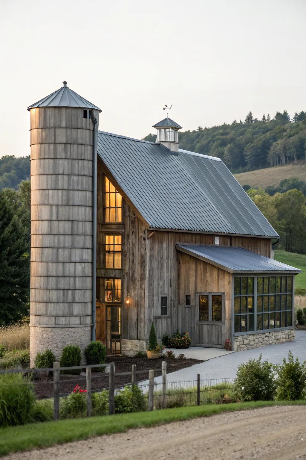 A barn with a silo, creating a striking and memorable exterior.