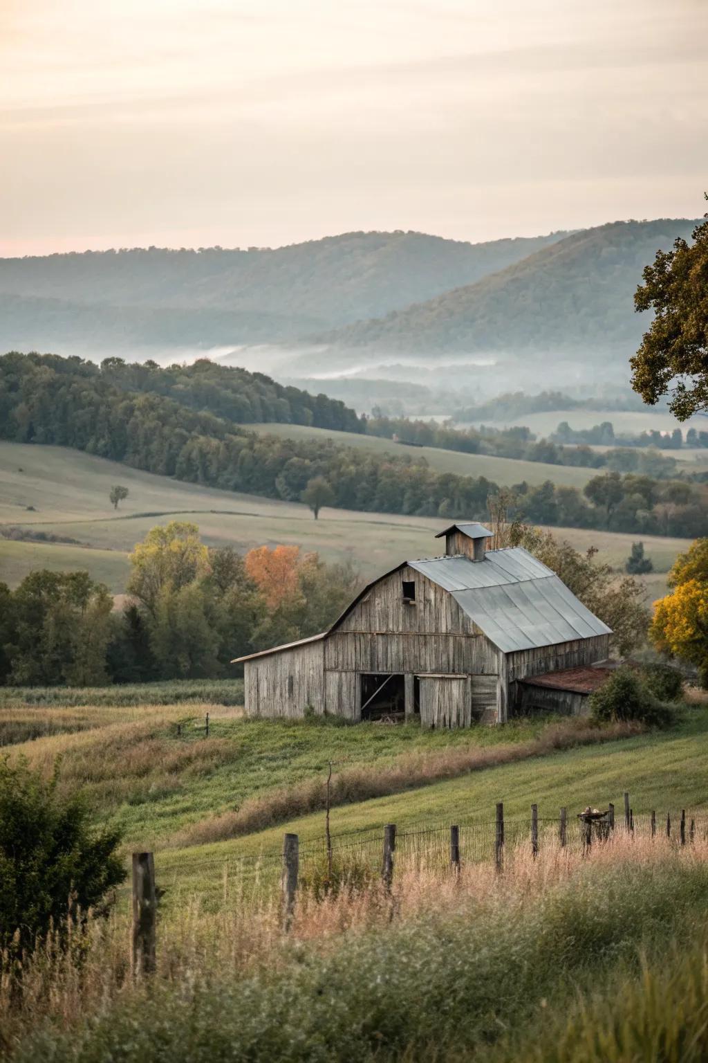 A barn painted in soft muted tones, exuding elegance in a peaceful setting.