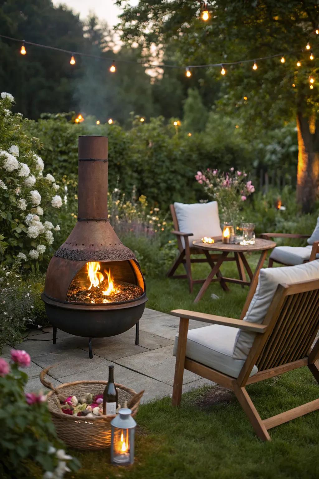 Fire pit smoker bringing warmth and flavor to garden evenings.