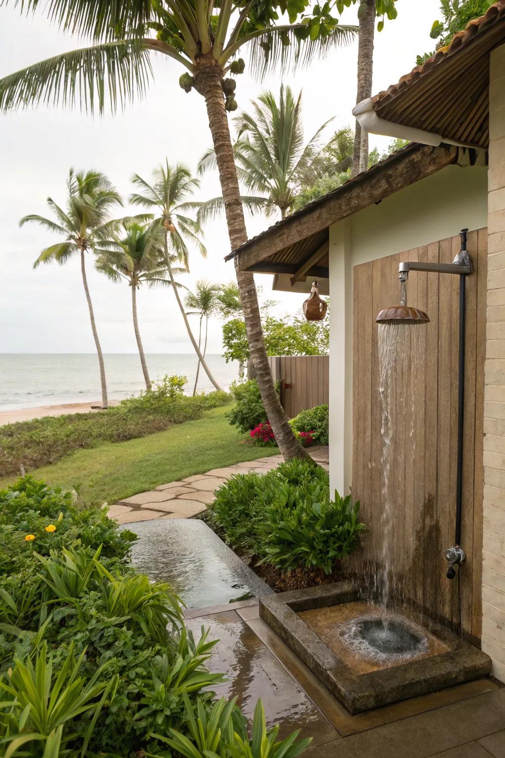 A water feature adds a calming soundtrack to this outdoor shower.