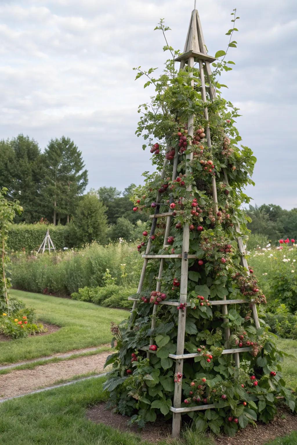 Freestanding trellis tower makes a bold statement in the garden.