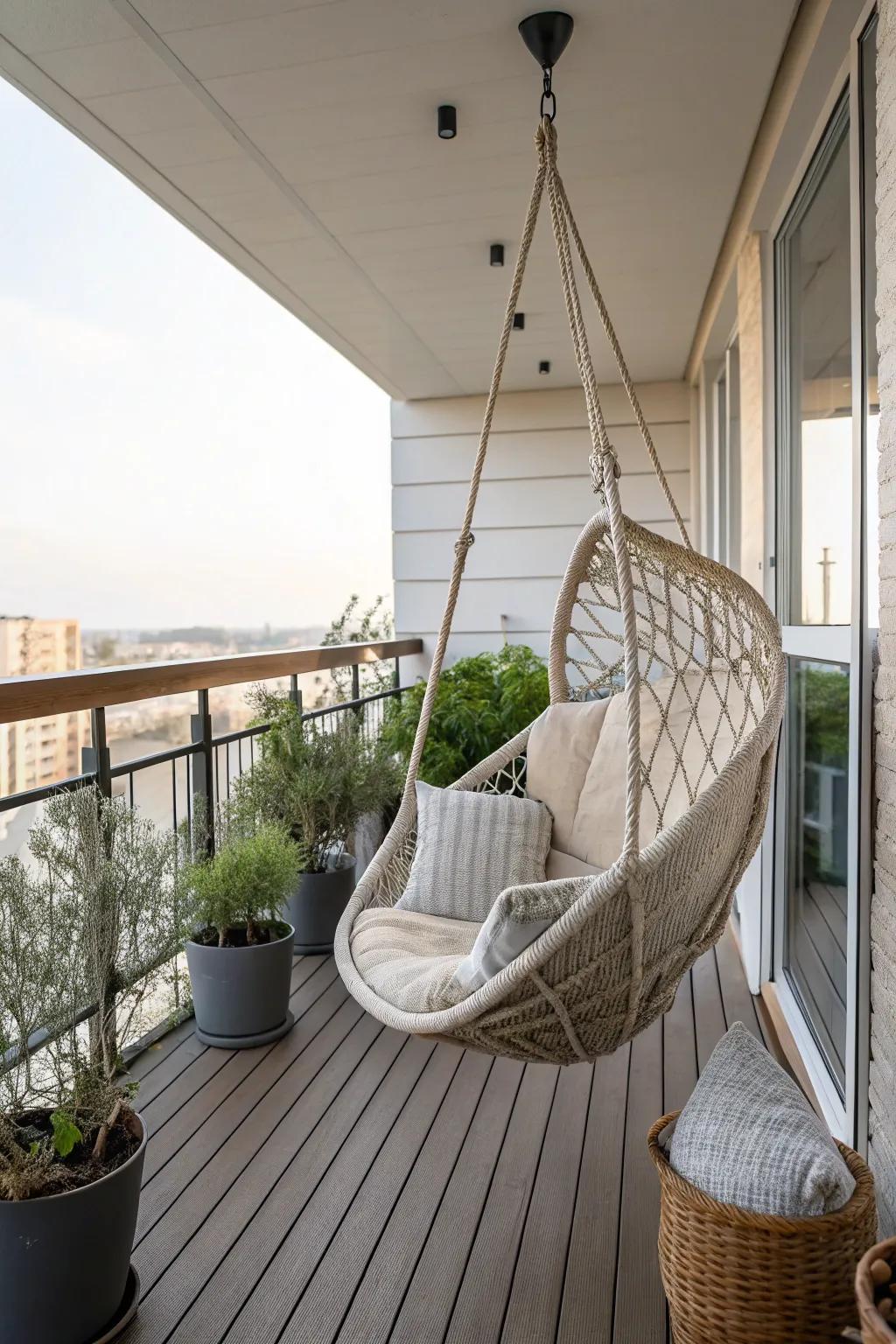 A swing chair adds a playful and stylish touch to your balcony.
