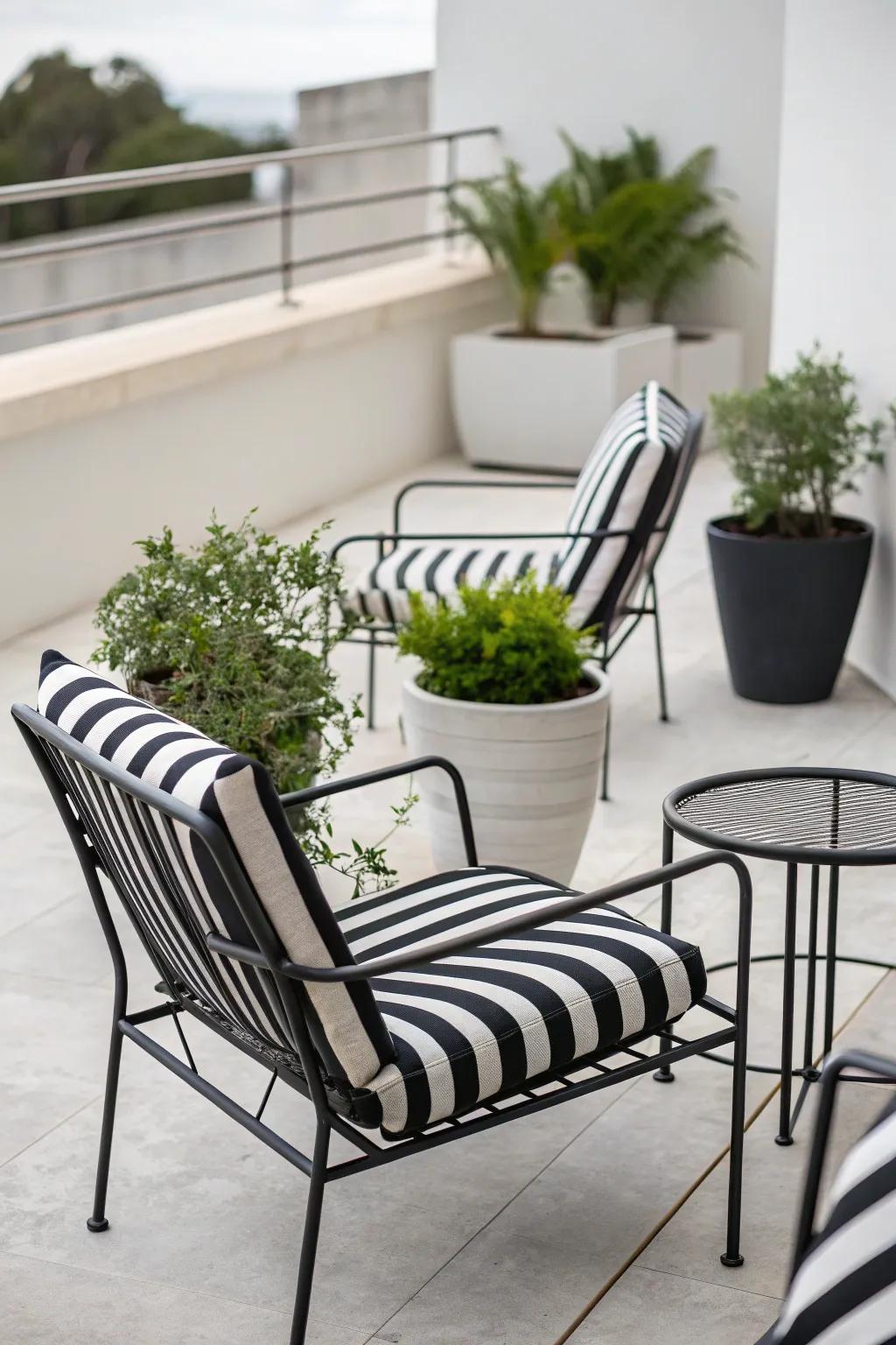 A clean and modern patio with minimalist striped elements.