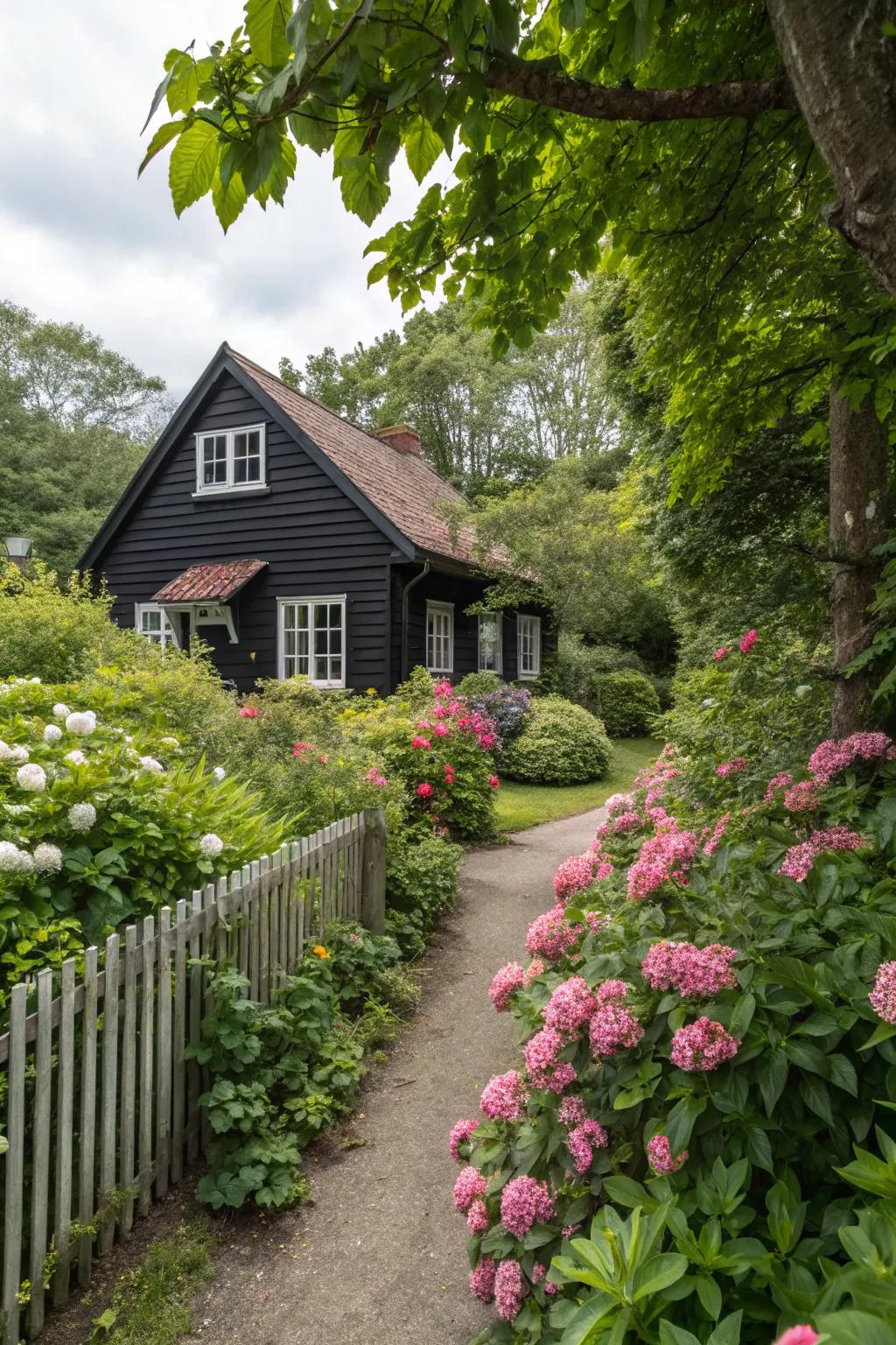Cottage charm meets modern sophistication with a black exterior.