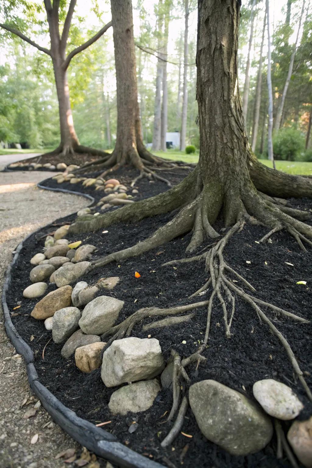 Protective root zones with black mulch and rock combinations.