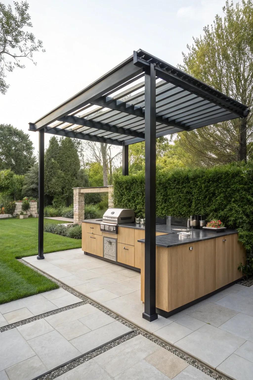 A black metal pergola offers stylish shade and structure.