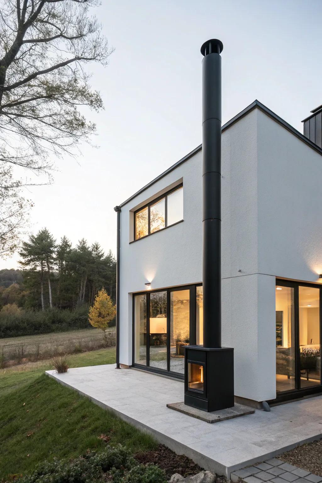 Minimalist design with a black chimney creates a clean, modern look.