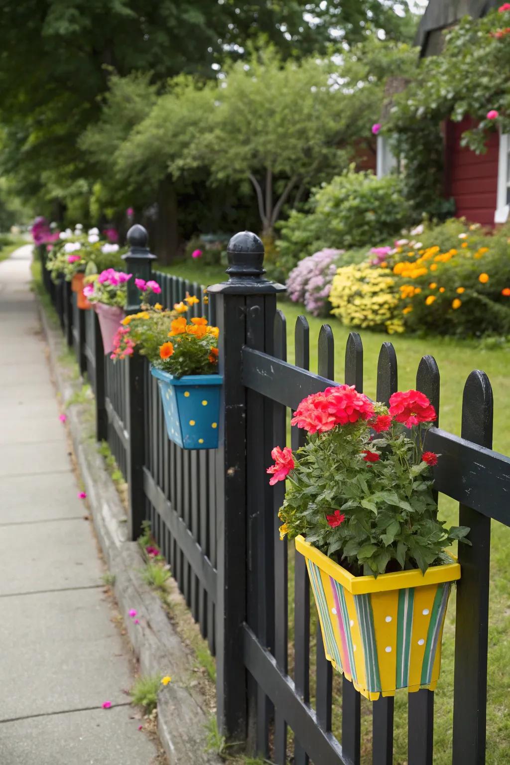 Playful colors add life to a black fence.