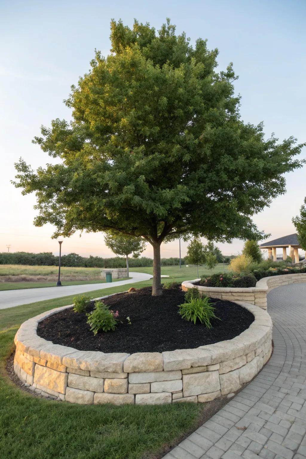 Refreshing large trees with black rubber mulch.