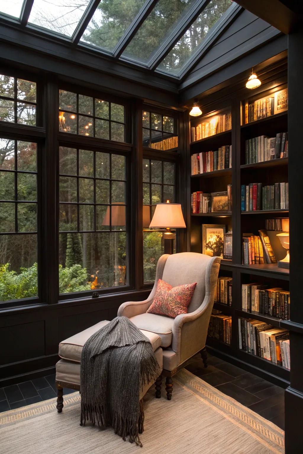 A personalized reading nook offers a cozy escape in a black sunroom.