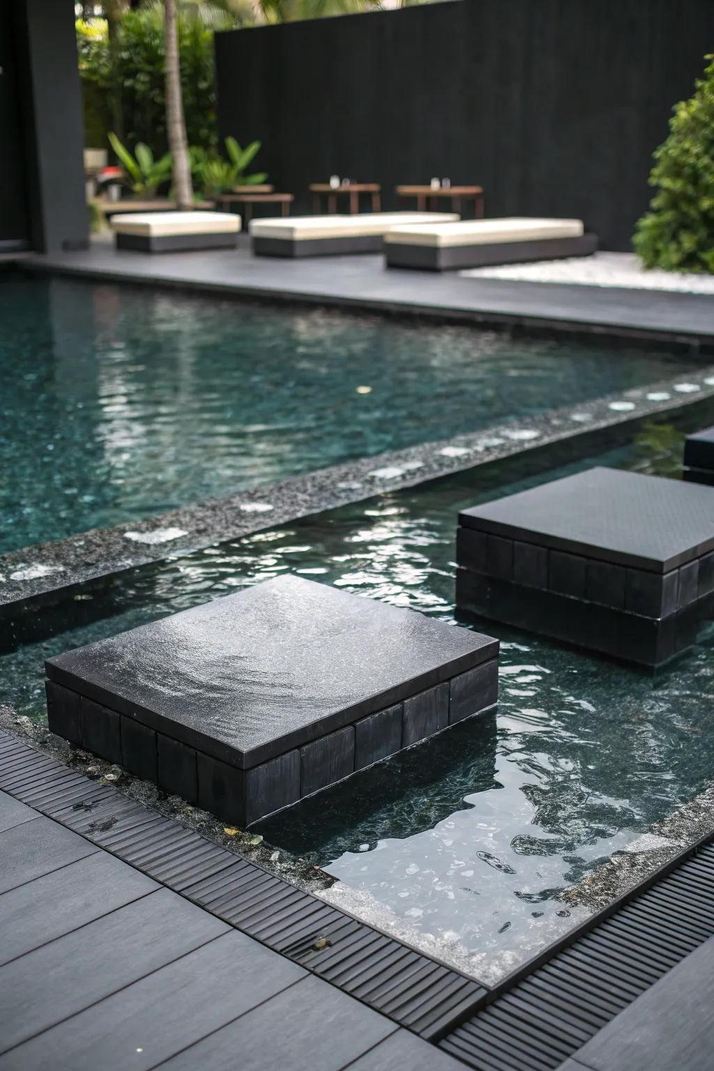 Submerged seating offers a cool retreat and social space in the pool.