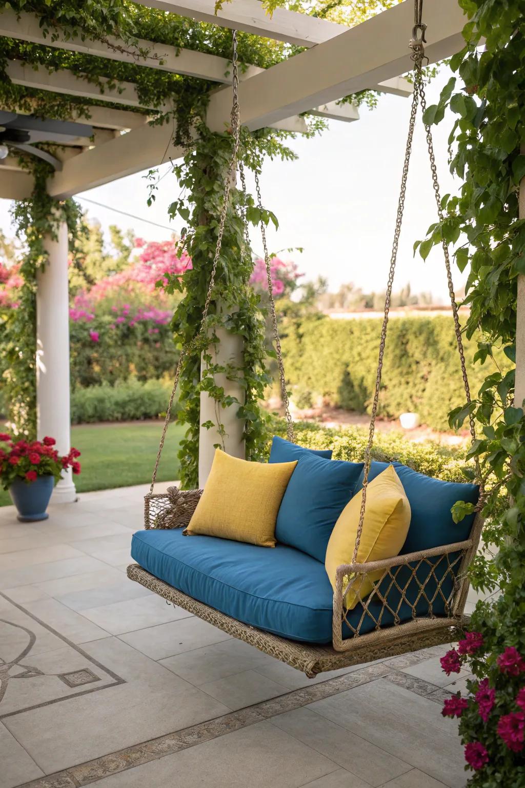 A swing chair adding fun and relaxation to the patio.