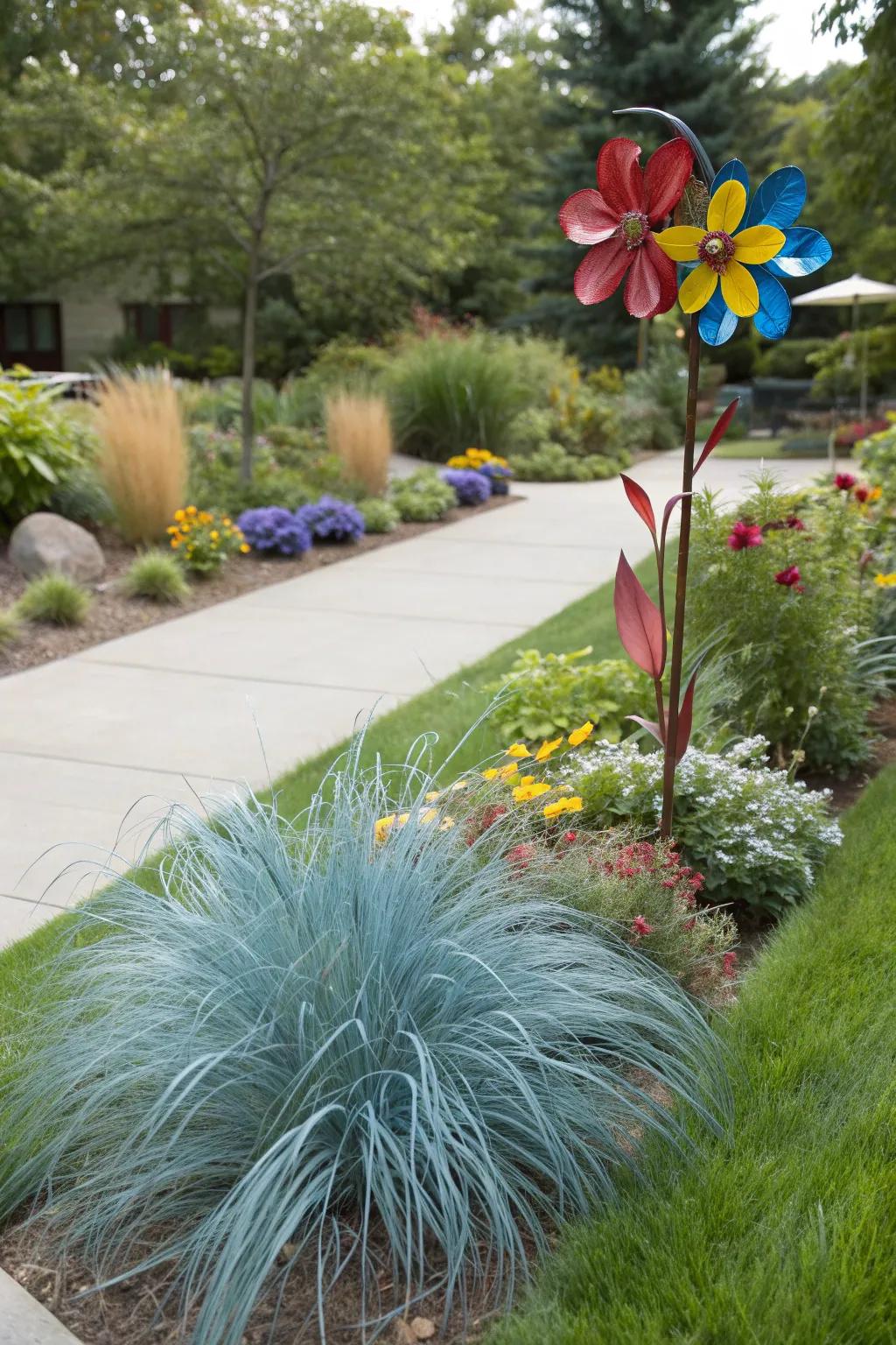Blue fescue sets off this vibrant garden sculpture beautifully.
