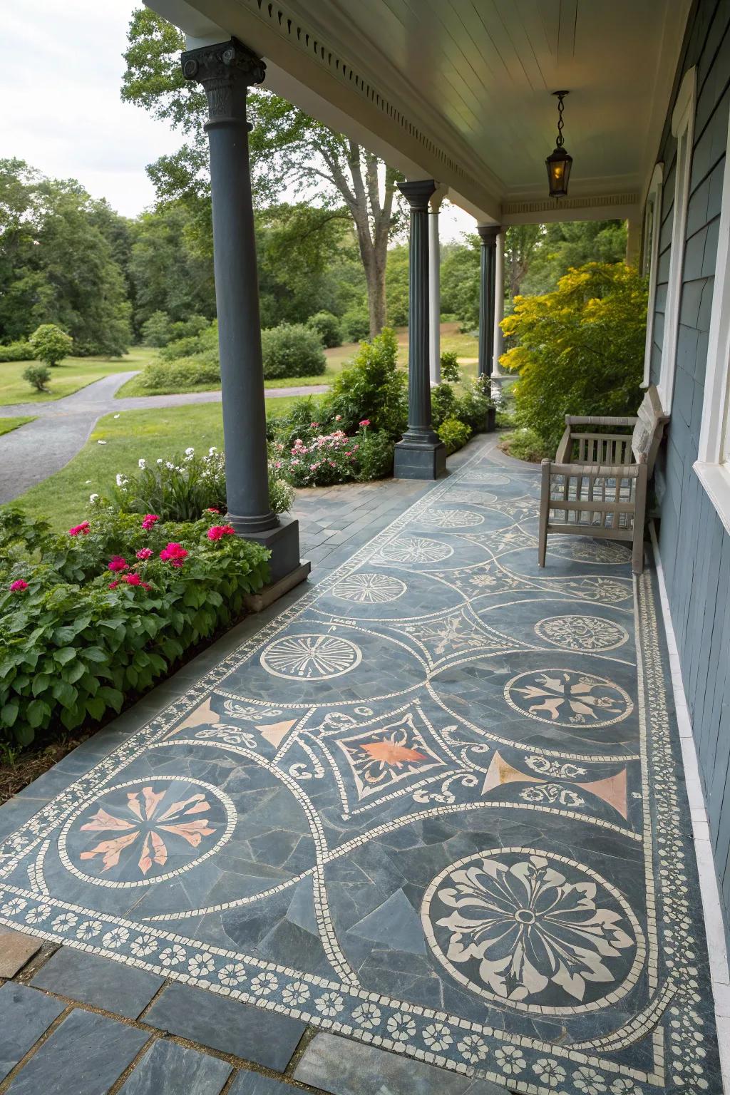 A bluestone porch with artistic paving patterns.