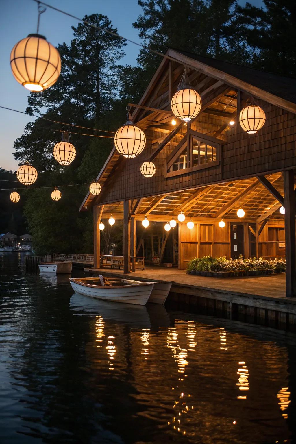 A boat house beautifully lit with lanterns and underwater lights.
