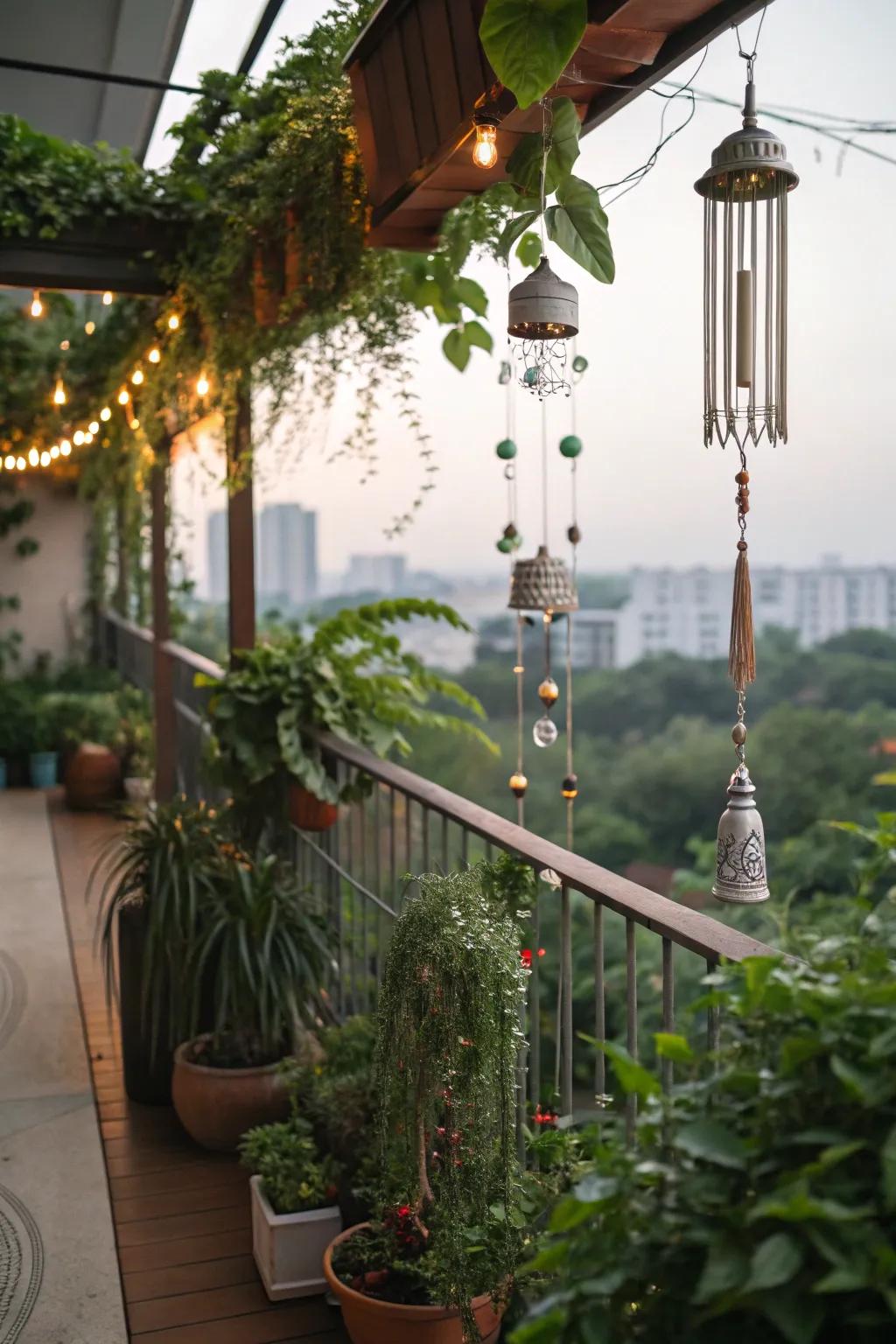 Wind chimes add a whimsical and musical touch to your balcony.